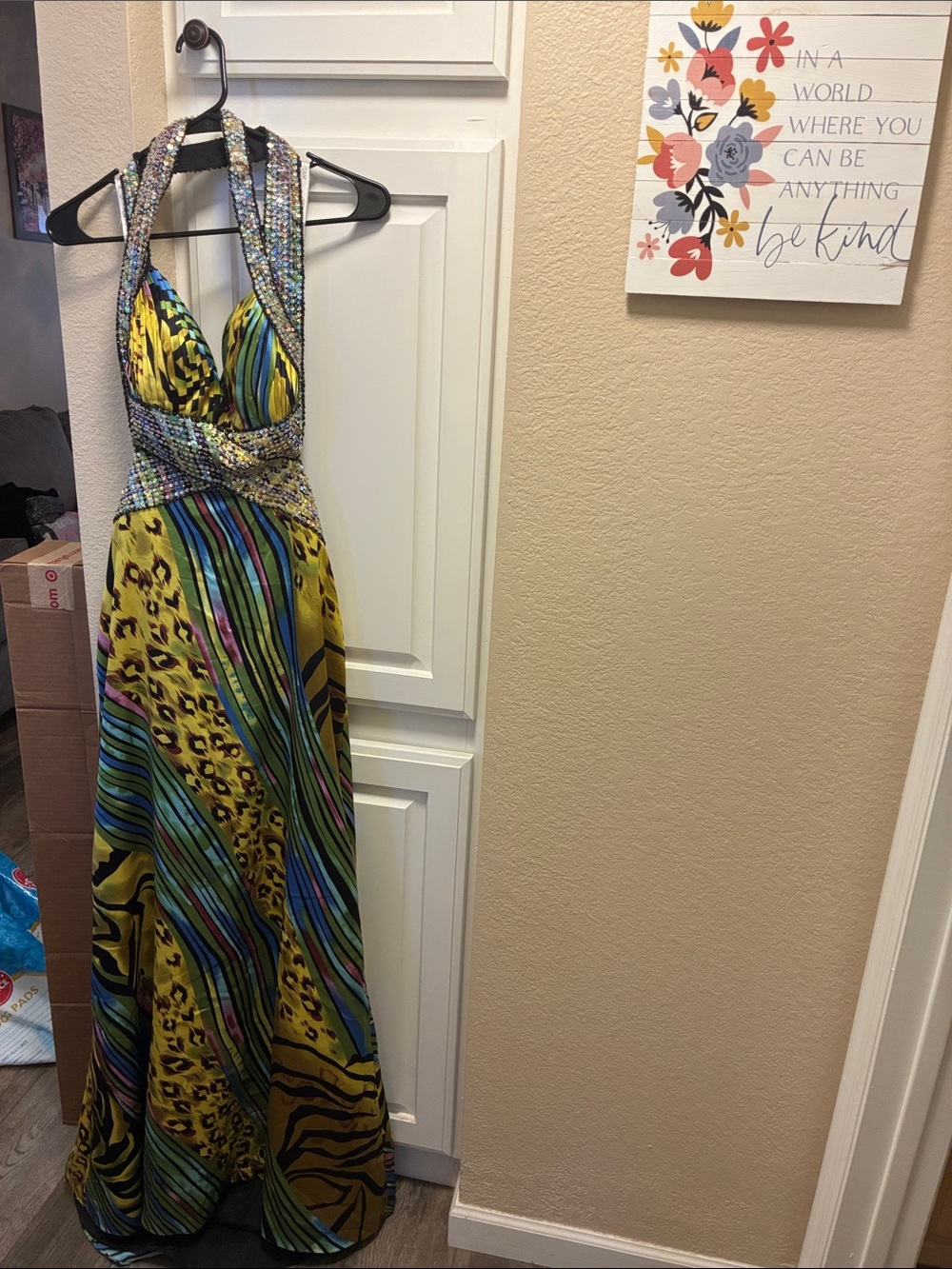 Vintage Cache Vibrant Multi-Color Animal Print beaded gown